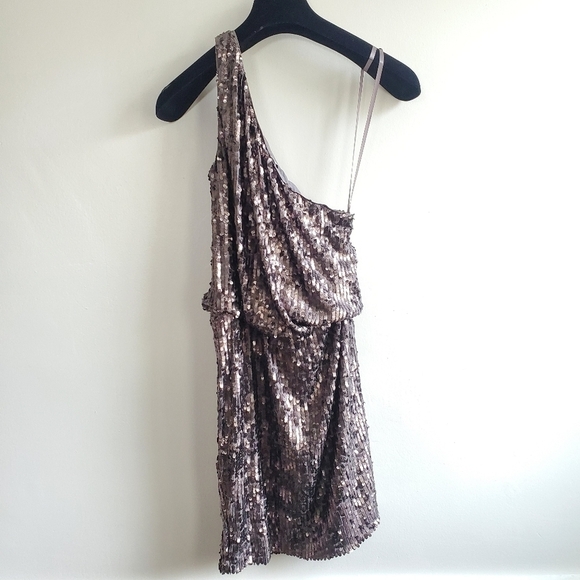 New Halston Heritage Sheath 1 Shoulder Sequin Gunmetal Cocktail Mini Dress Small - Picture 11 of 13